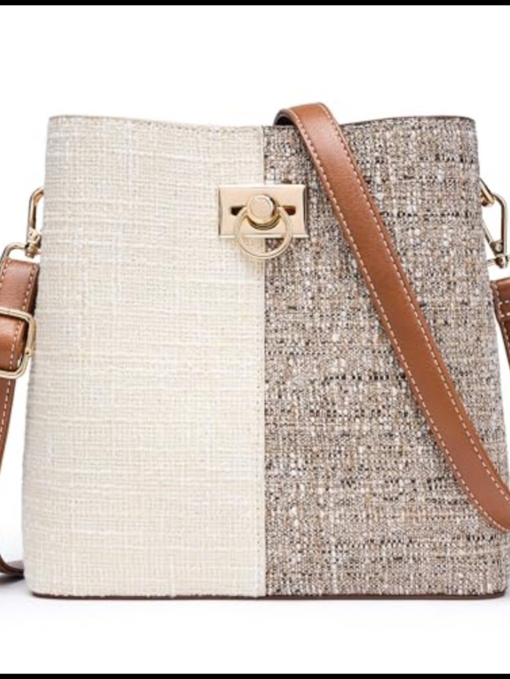 Vegan Leather Bucket Crossbody Bag Multi Pocket Twist Lock Satchel